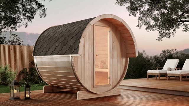 Fasssauna Samantha Fasssauna 2 Sitzbänke aus Holz, Sauna mit 42 mm Wandstärke, Außensauna mit Montagematerial - Finntherm