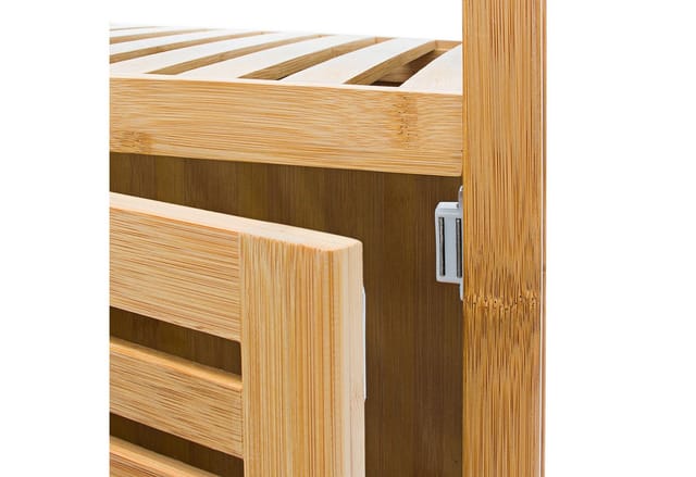Relaxdays Badregal Bambus, 5 Ablagen, HxBxT:140x36,5x33cm, Holzregal mit Schrank, Stauraum für Bad/Wohnzimmer, natur