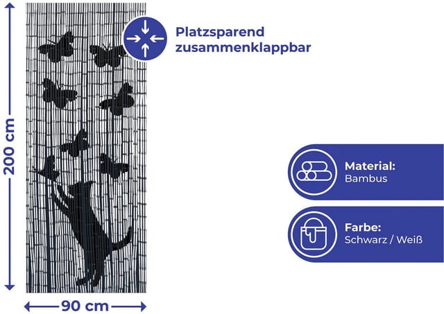 Maximex Bambusvorhang Katze und Schmetterling, 90 x 200 cm, Weiß, Bambus mehrfarbig - weiß