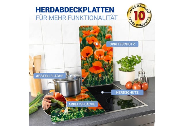 Maximex Herdabdeckplatte Universal Mohnfeld 2er Set, für alle Herdarten, Mehrfarbig, Gehärtetes Glas mehrfarbig, Kunststoff (tpe) hellgrau,