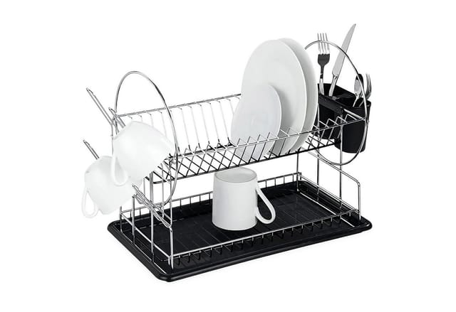 Metall Abtropfgestell mit Besteckkorb und Tassenhalter - 50 x 36 cm - Geschirr Abtropfgitter mit 2 Etagen und Antirutsch-Matte