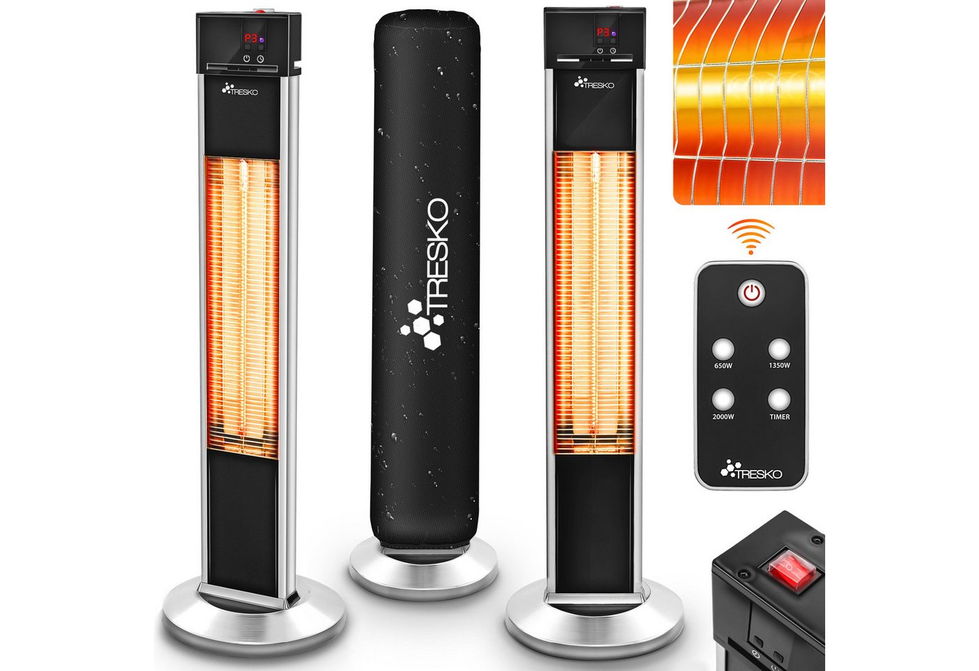 Infrarot Stand-Heizstrahler 2000W mit Fernbedienung & Abdeckung Wärmestrahler Terrasse elektrisch mit 3 Heizstufen Terrassenstrahler Innen & Außen