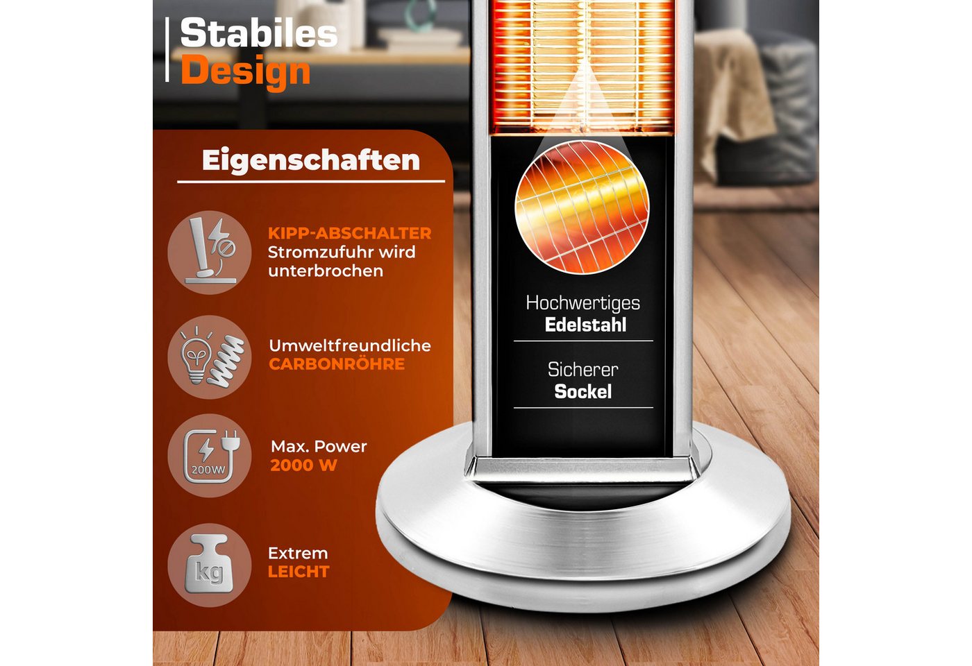 Infrarot Stand-Heizstrahler 2000W mit Fernbedienung & Abdeckung Wärmestrahler Terrasse elektrisch mit 3 Heizstufen Terrassenstrahler Innen & Außen Bild 2