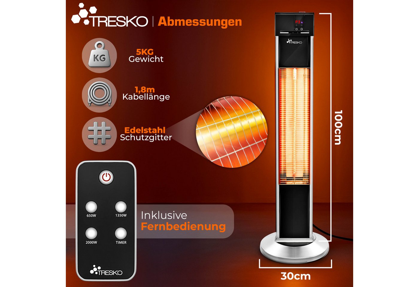 Infrarot Stand-Heizstrahler 2000W mit Fernbedienung & Abdeckung Wärmestrahler Terrasse elektrisch mit 3 Heizstufen Terrassenstrahler Innen & Außen Bild 4