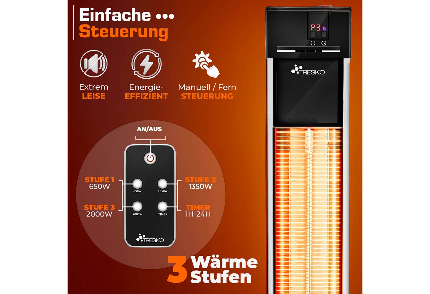 Infrarot Stand-Heizstrahler 2000W mit Fernbedienung & Abdeckung Wärmestrahler Terrasse elektrisch mit 3 Heizstufen Terrassenstrahler Innen & Außen Bild 5