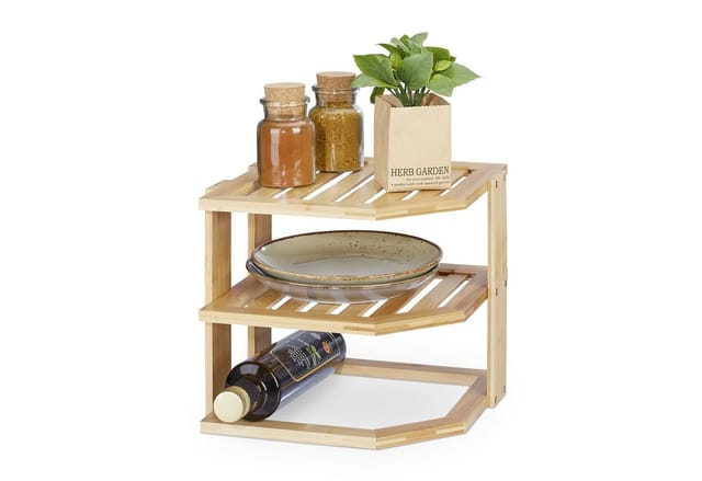 Relaxdays Eckregal Küche, Bambus, HBT 24 x 27 x 25,5 cm, für Arbeitsplatte & Küchenschrank, Regaleinsatz stehend, natur