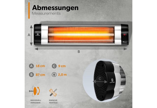 TRESKO Infrarot Heizstrahler 2500W silber mit Fernbedienung, Timer & Abdeckung Wärmestrahler Terrasse elektrisch mit 3 Heizstufen Terrassenstrahler
