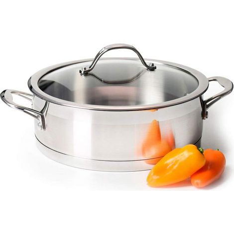 Professional Steel – Kleiner Schmortopf/kurzer Kochtopf – 24 Cm / 3,6 L – Edelstahl 18/10, Induktionsgeeignet – Deckel Aus Gehärtetem Glas – Isolierte Edelstahlgriffe