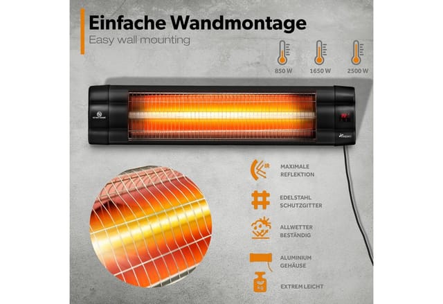 Infrarot Heizstrahler 2500W schwarz mit Fernbedienung, Timer & Abdeckung Wärmestrahler Terrasse elektrisch mit 3 Heizstufen Terrassenstrahler Innen &