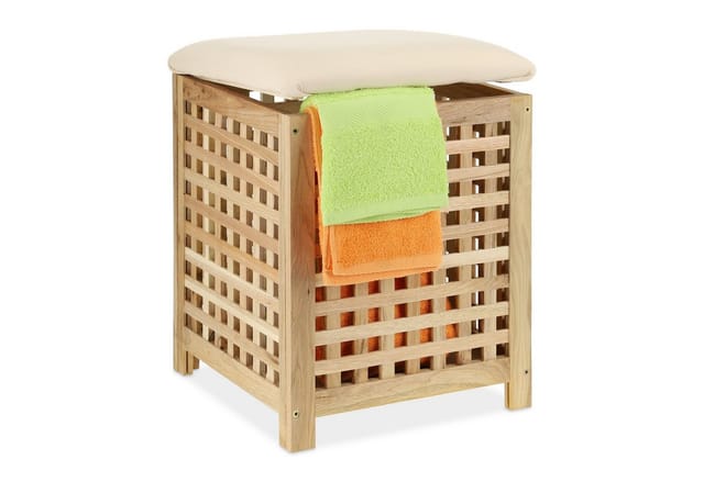 Wäschekorb mit Sitz, Walnussholz, Stoff, HxBxT: 50 x 39 x 39 cm, 45 l Wäschebox, Badhocker mit Stauraum, natur - Relaxdays