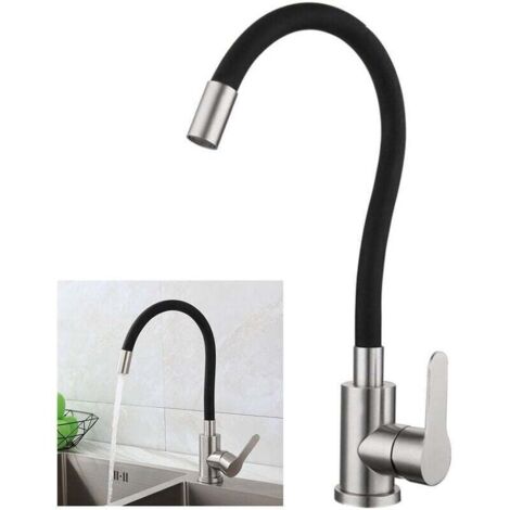 Robinet De Cuisine Flexible Bec Haut Orientable, Mitigeur Évier Monotrou Eau Chaude Et Froide, Acier Inox Brossé Noir