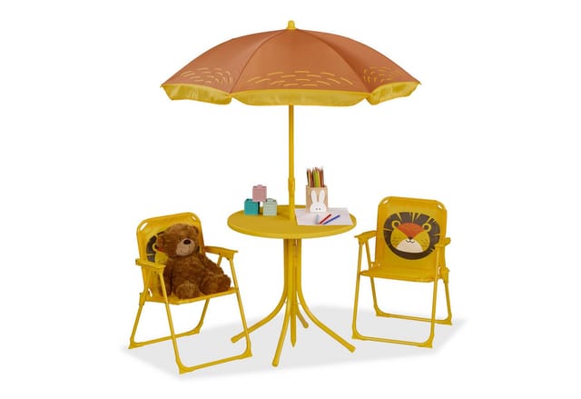 Relaxdays - Camping Kindersitzgruppe, Löwe Motiv, Kindersitzgarnitur mit Sonnenschirm, Klappstühlen & Tisch, Garten, gelb