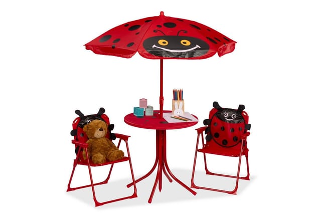 Relaxdays - Camping Kindersitzgruppe, Marienkäfer Motiv, Kindersitzgarnitur mit Sonnenschirm, Klappstühlen & Tisch, rot