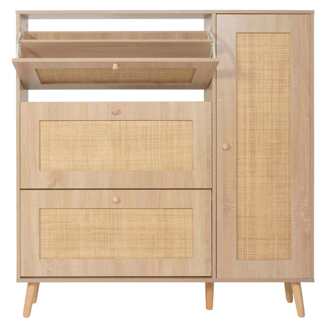 Neuwertig] Rattan-schuhkipper Hhg 214, Schuhregal Schuhschrank, 3 Kippfächer 2 Regalböden 127x120x24cm Holz Melamin Eiche-optik