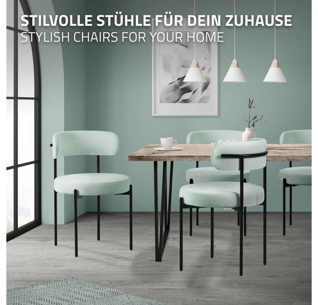 ML-Design Esszimmerstühle 6er Set, Küchenstuhl aus Teddystoff Grün, Wohnzimmerstuhl mit Rückenlehne, Polsterstühle mit schwarzen Metallbeinen,