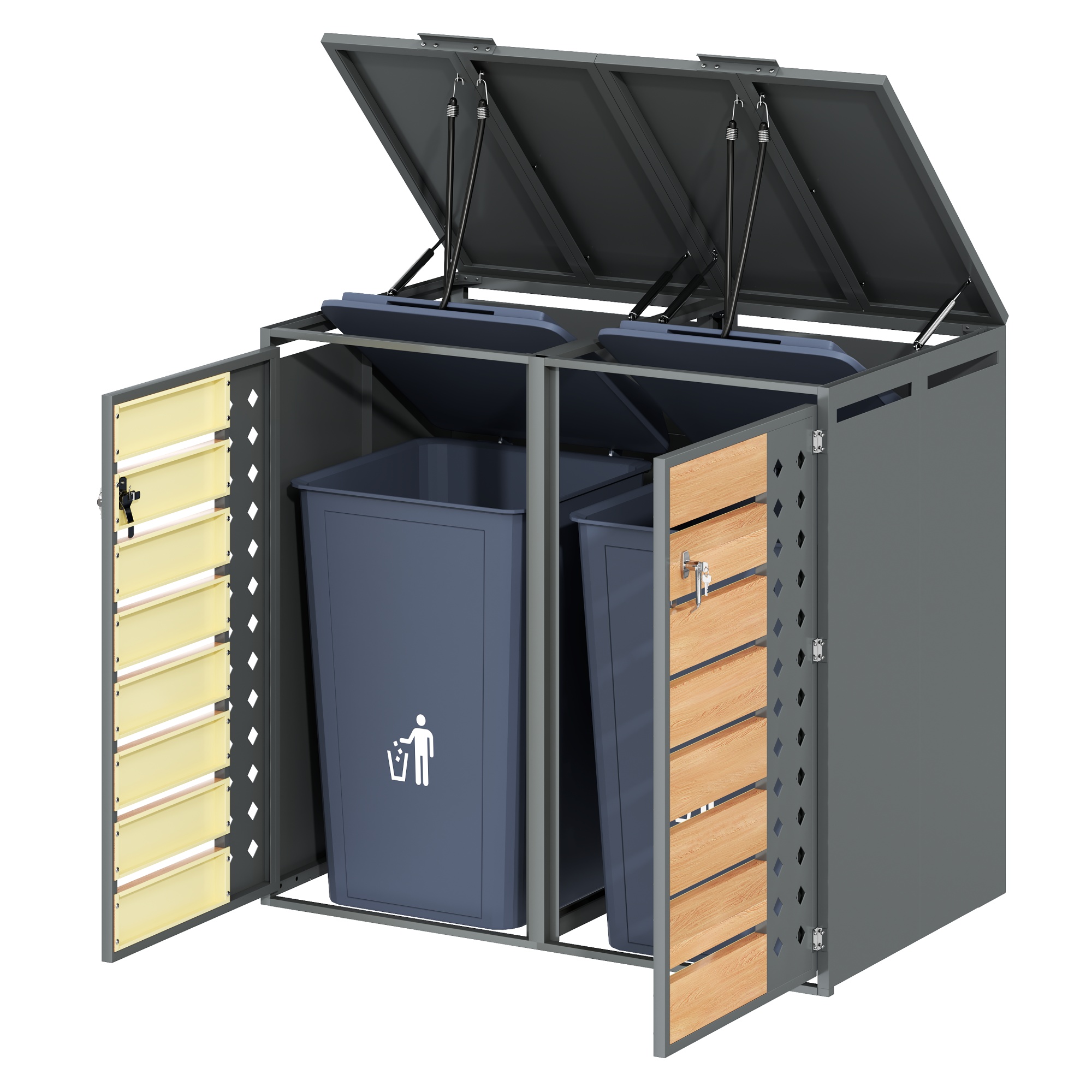 Muelltonnenbox Mit Hydraulischem Klappdeckel 2 Faecher Und 2 Abschliessbaren Tueren Aus Stahl Grau Holzoptik