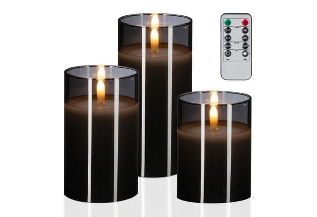Led Kerzen im Glas, 3er Set, Fernbedienung, Timer & flackernde Flamme, Echtwachs, Windlichter flammenlos, grau - Relaxdays