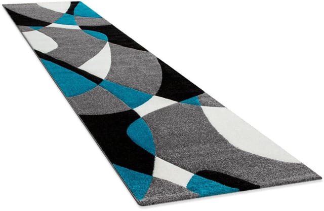 Designer Teppich Modern Geometrische Muster Konturenschnitt In Türkis Grau Schwarz 80x300 cm - Paco Home