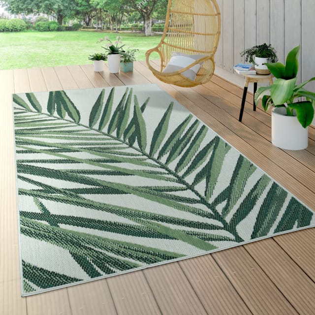 Paco Home - In- & Outdoor Teppich Palmen-Muster Terrasse Balkon Flachgewebe Grün Beige 160x230 cm
