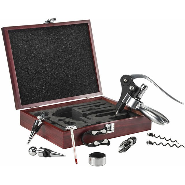 Sommelier Set Wein Weinset Zubehör Weinzubehör Geschenkset, 10-Teilig Holzbox Korkenzieher Eingießhilfe Kragen Flaschenverschluss Weinthermometer, L