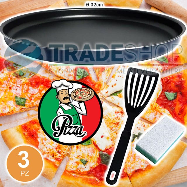 Trade Shop Traesio - Trade Shop - 3-teiliges Set für hausgemachte Pizza, bestehend aus 32 cm Pfanne, Spatel und Schwamm -