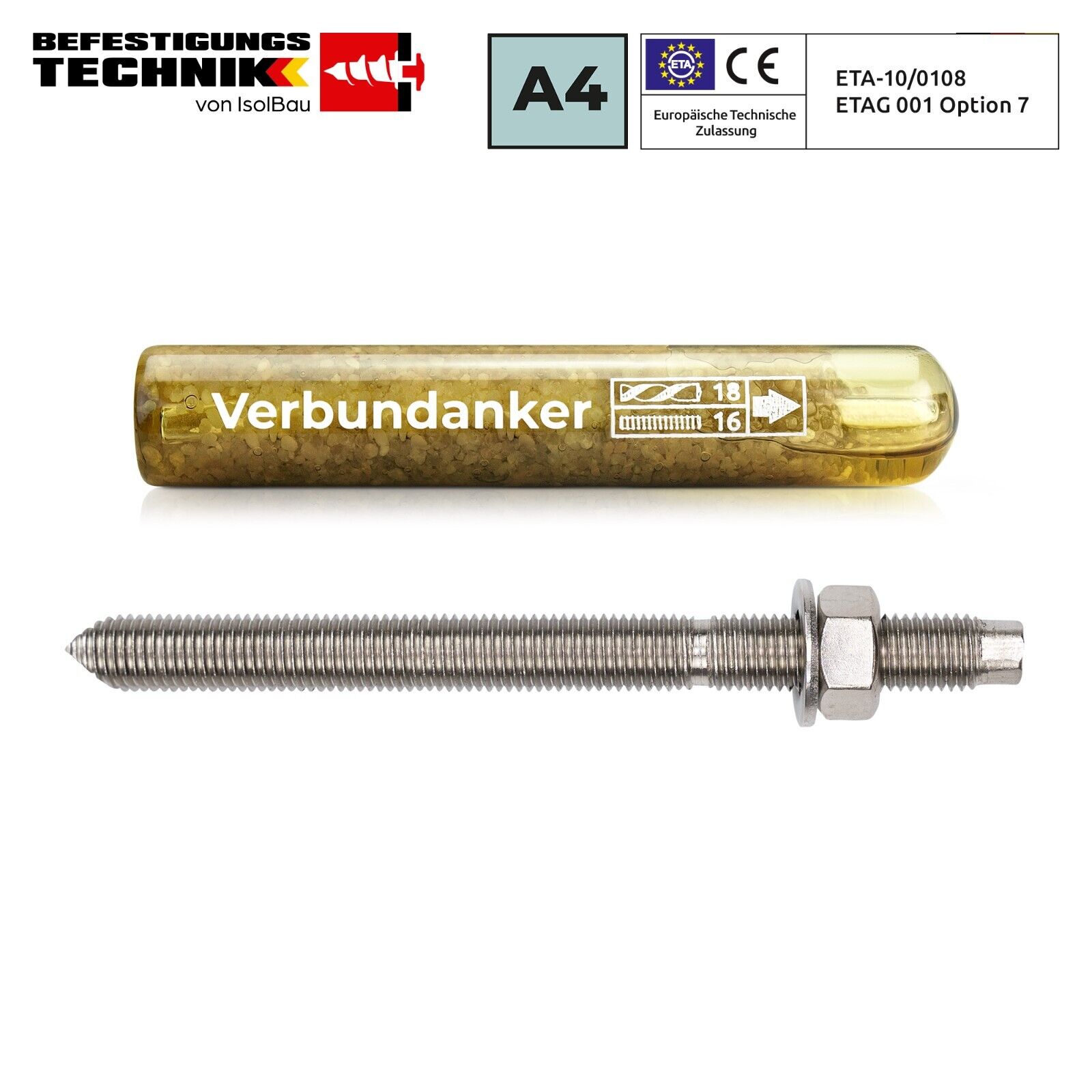 Set Verbundankerpatrone M16 + Ankerstange A4 Edelstahl M16 X 190mm