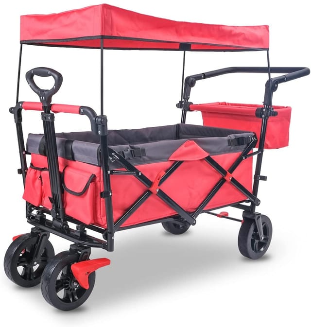 Varan Motors - FW005 Faltbarer Bollerwagen mit Dach, gebremst und faltbar, 122x55x109cm, max. 90kg Transportwagen Klappwagen Strandwagen mit Bremsen