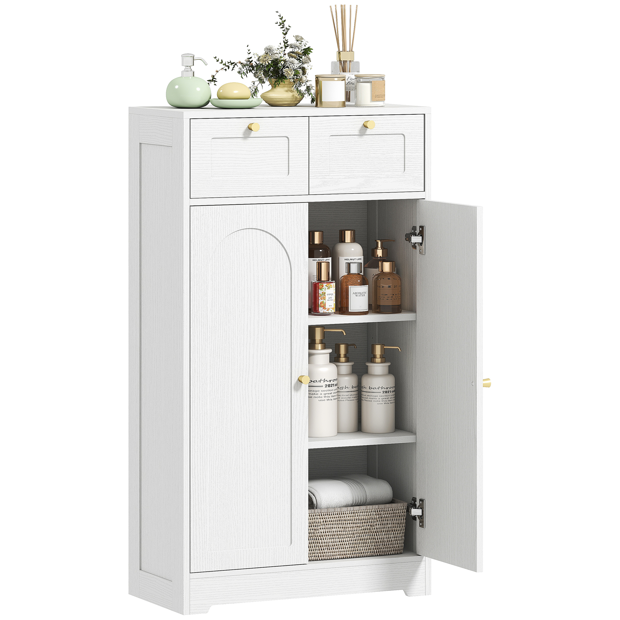 Badezimmerschrank Mit 2 Schubladen, Doppelbogentür Und Verstellbaren Einlegeböden, 60 X 30 X 108 Cm, Weiß