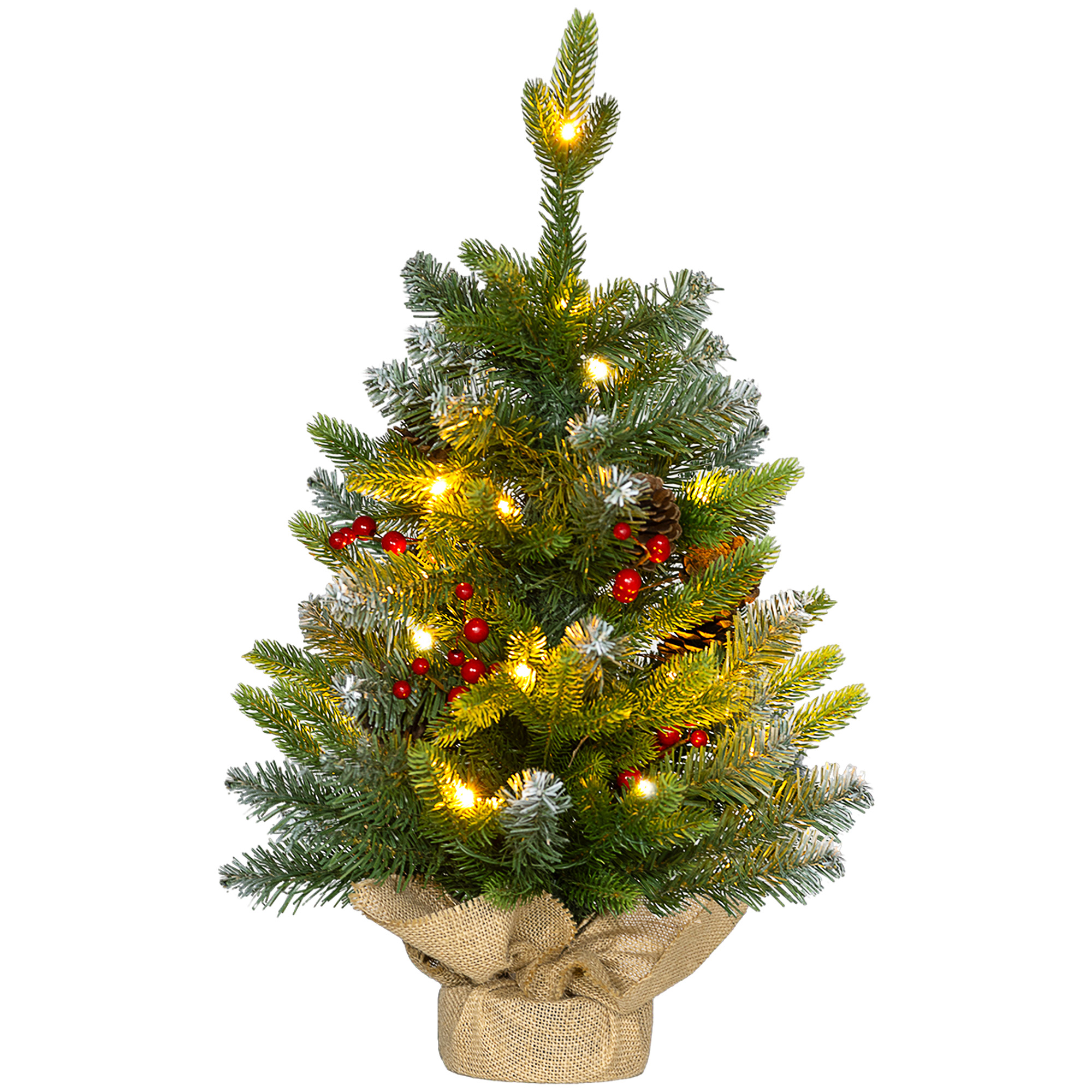 60 Cm Hoher Weihnachtsbaum Mit Led-tischbeleuchtung, 141 Zweigen, Tannenzapfen, Roten Beeren Und Einem Betonsockel.