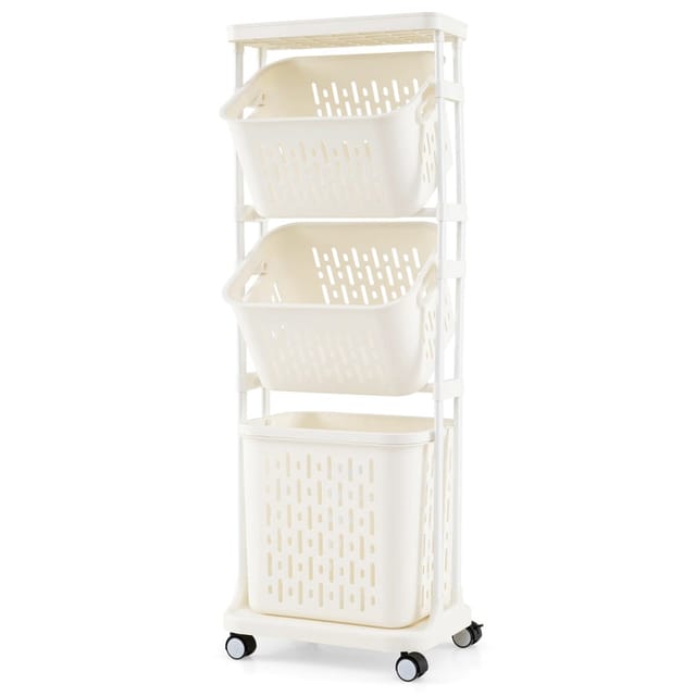 3-tier Laundry Cart With Wheels, 3 Baskets, Metal Frame