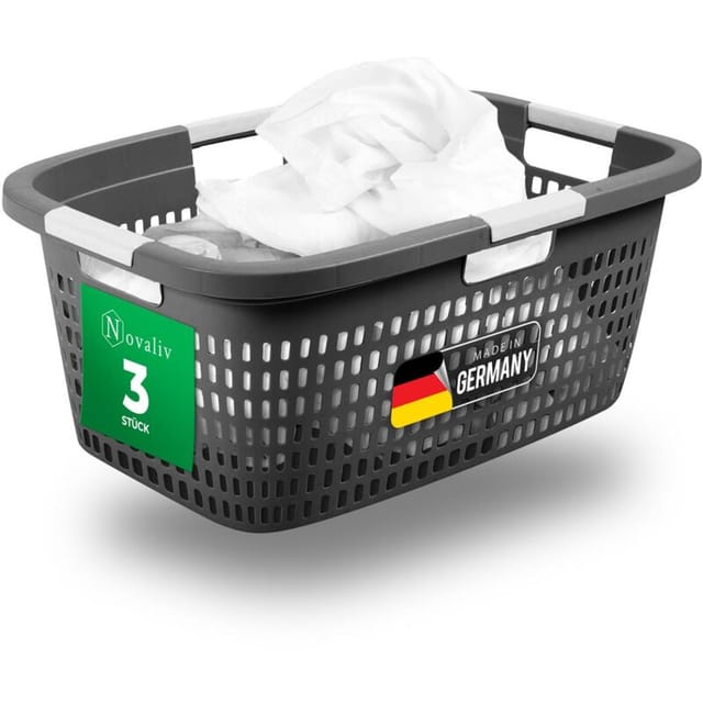 Novaliv - 3x Wäschekorb 3 Stück Wäschekorb mit Deckel und vier Griffen 40L Anthrazit