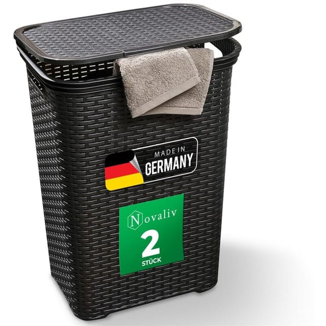 Novaliv - 2x Wäschekorb 2 Stück Rattan Wäschekorb mit Deckel 60L Schwarz