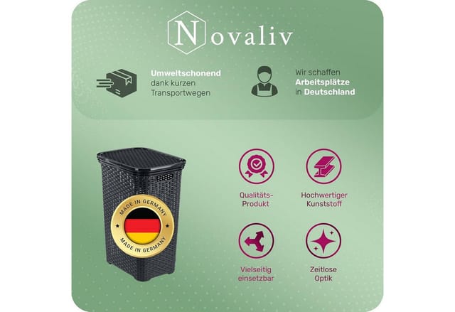 Novaliv - Wäschekorb 1 Stück Rattan Wäschekorb mit Deckel 60L Schwarz