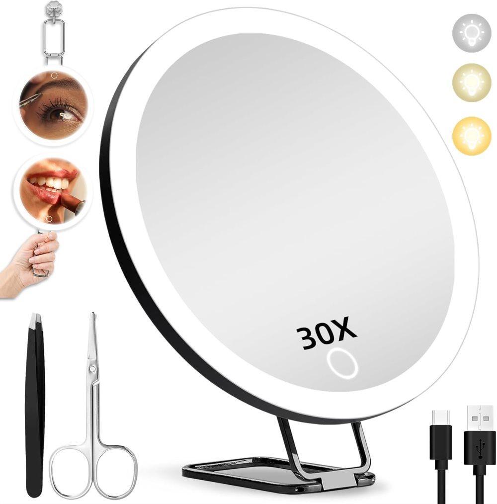 Miroir Grossissant X30 Avec Miroir De Maquillage Extra Large, Rechargeable Et À Luminosité Réglable, Et Support De Table Pivotant À 360°.