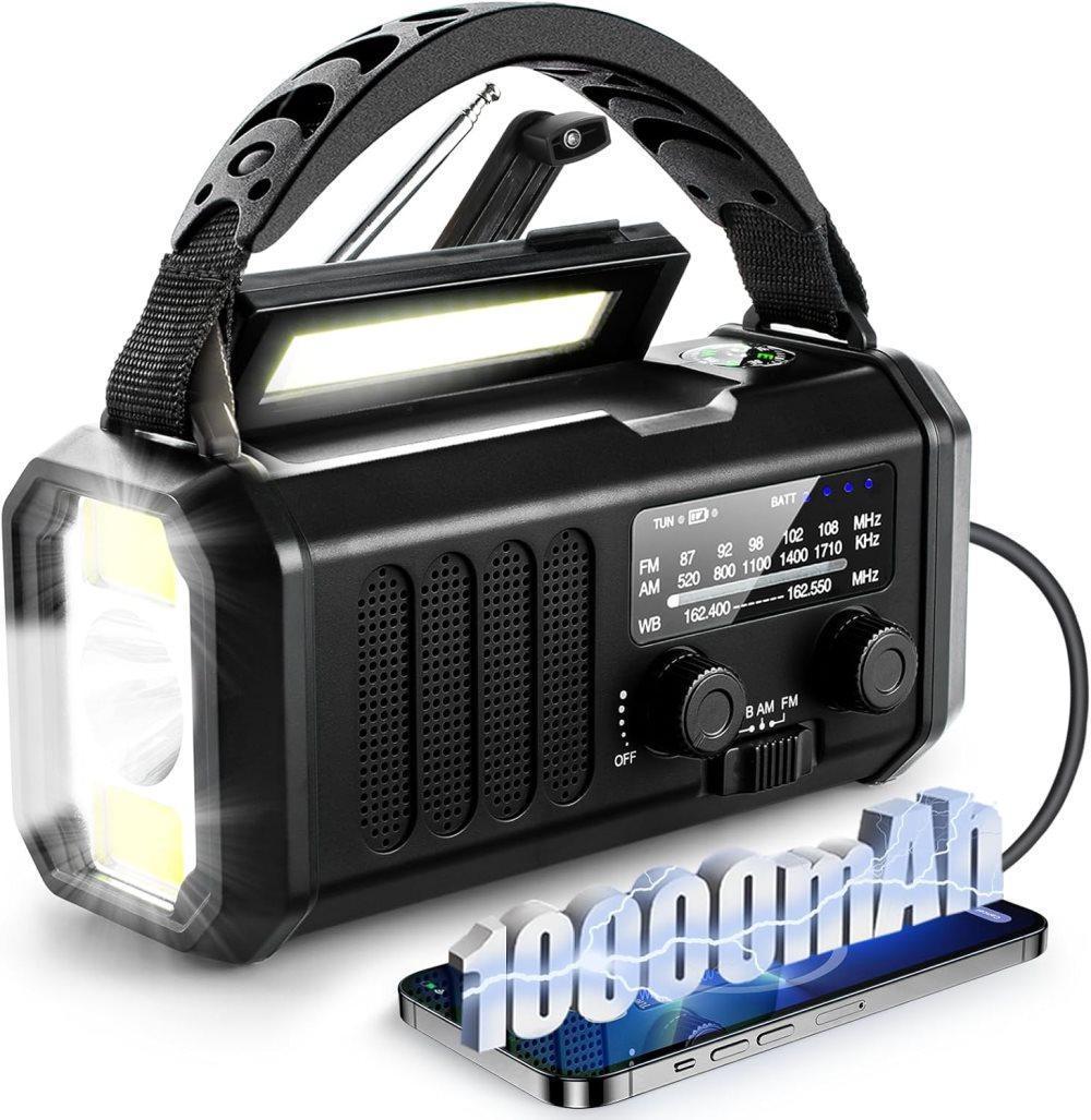 Radio D'Urgence 10 000 Mah Avec Lampe Torche, Radio À Manivelle Solaire, Radio Météo Am/fm, Alarme Sos, Charge Usb-c