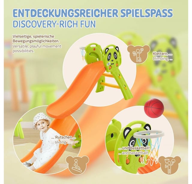 2in1 Kinderrutsche, Grün-Orange, Spielrutsche Set Indoor/Outdoor, Kinder Spielzeug Rutsche + Basketballkorb, ab 3 Jahren, Babyrutsche Gartenrutsch
