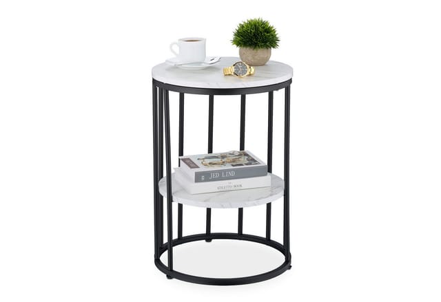 Relaxdays - Beistelltisch Marmoroptik, 2 Ablagen, für Wohnzimmer, Metall & mdf, Sofatisch rund, HxD 57x40 cm, weiß/schwarz