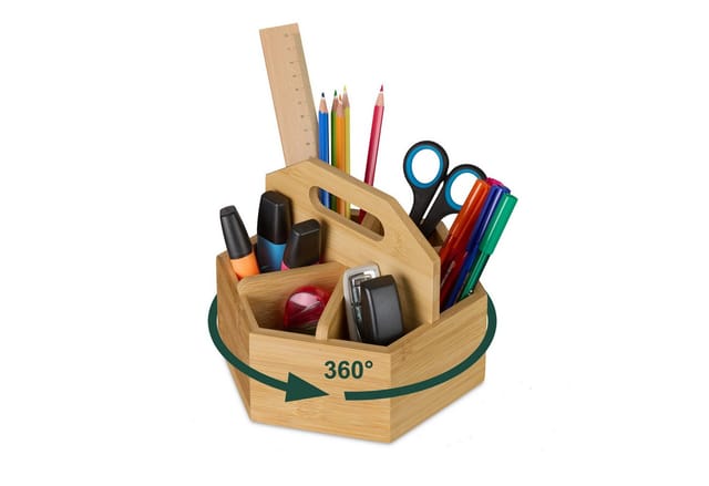 Stiftehalter, Bambus, drehbarer Schreibtisch Organizer, hbt 15x17x19 cm, Stifte & Scheren, Pinselhalter, natur - Relaxdays