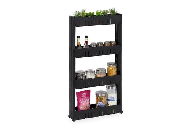 Nischenwagen, 4 Ablagen, schmales Nischenregal Bad & Küche, hbt 101x12,5x54 cm, Rollregal Kunststoff, schwarz - Relaxdays