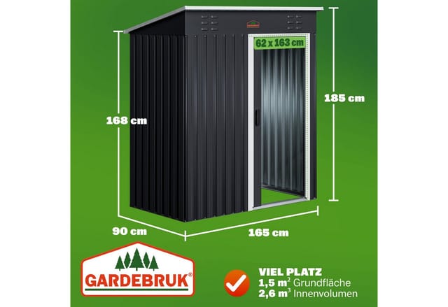 GARDEBRUK® Geräteschuppen 185x165x90cm 1,5m² Schiebetür 20kg Halter Handschuhe Belüftung rostfreies Metall Pultdach Anthrazit Gerätehaus Gartenhaus