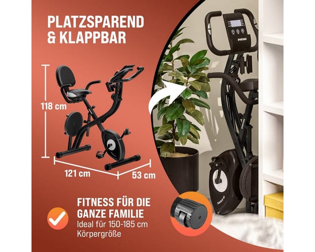 Heimtrainer Fahrrad Eagle 4 Klappbar 140KG 7 Sitzhöhen Display Trainings app 2 Fitnessbänder 4in1 Ausdauer Ergometer Hometrainer Fitnessbike