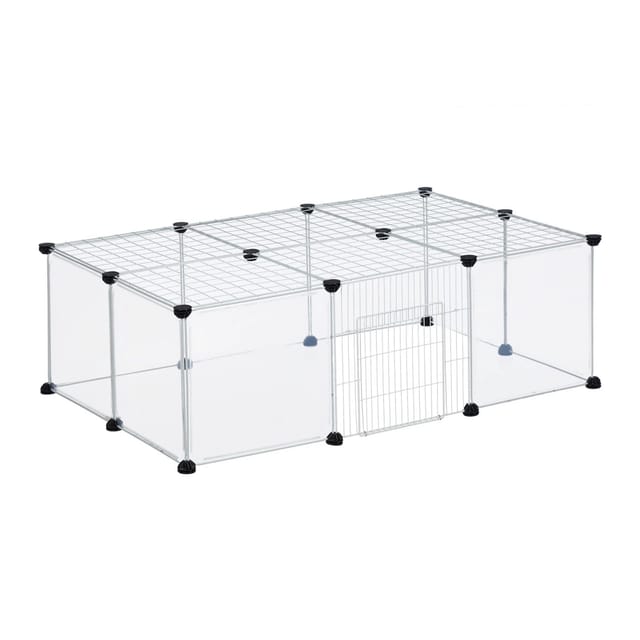 Freilaufgehege, hbt 37 x 110 x 75 cm, Freigehege mit Tür, Abdeckung, diy Kleintiergehege, transparent/weiß - Relaxdays