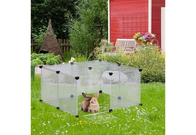 Freilaufgehege, hbt 37 x 75 x 75 cm, Freigehege mit Tür & Abdeckung, diy Kleintiergehege, transparent, weiß - Relaxdays