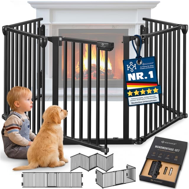 KESSER® Kaminschutzgitter mit Tür Metall Ofenschutzgitter Laufgitter Laufstall Absperrgitter Tierschutzgitter Türschutzgitter für Kinder-Sicherung