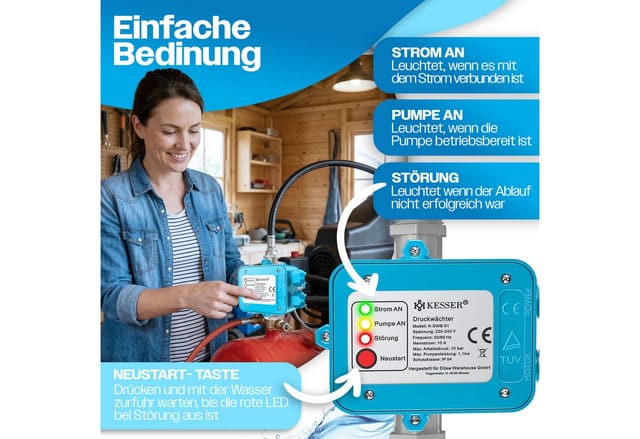 Kesser - Druckschalter Druckwächter Pumpensteuerung Gartenbewässerung mit Kabel Blau
