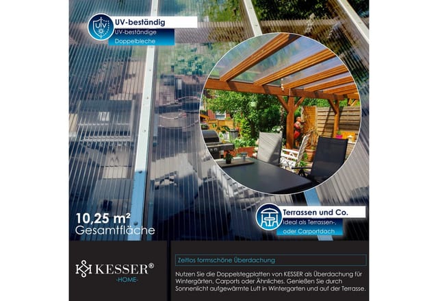 Kesser - 14x Polycarbonat Hohlkammerstegplatten 4mm 10 25 m² Doppelstegplatte - 1210x605 50x Klammern + 50x Z-Clips Stegplatte Gewächshausplatte