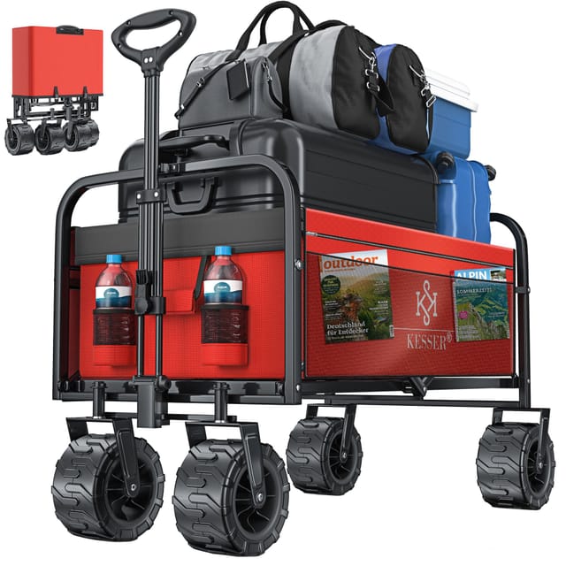 Bollerwagen Faltbar Mit Breite Reifen Handwagen Transportkarre Gerätewagen Inkl. 2 Netztaschen Klappbar Kunststoff-reifen Bis 120 Kg Tragkraft Rot/grau - Kesser