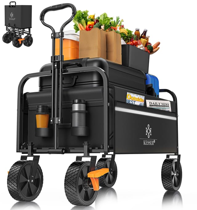 Bollerwagen Faltbar Handwagen Transportkarre Gerätewagen Inkl. 2 Netztaschen & Cover Klappbar Pvc-reifen Bis 80 Kg Tragkraft Schwarz - Kesser