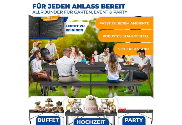 Buffettisch Tisch Klappbar Kunststoff 183x76 Cm Campingtisch Partytisch Klapptisch Gartentisch Für Garten Terrasse Und Balkon Zusammenklappbar Anthrazit - Kesser