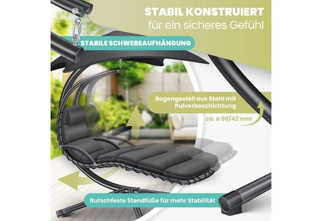 KESSER® Schwebeliege mit Sonnenschirm, Hängeliege , Sonnenliege H200, L194, B100 cm, Relaxliege, Schaukelliege Hängematte , bis 120 kg belastbar , Schaukelliege, Auflagen - Nackenkissen
